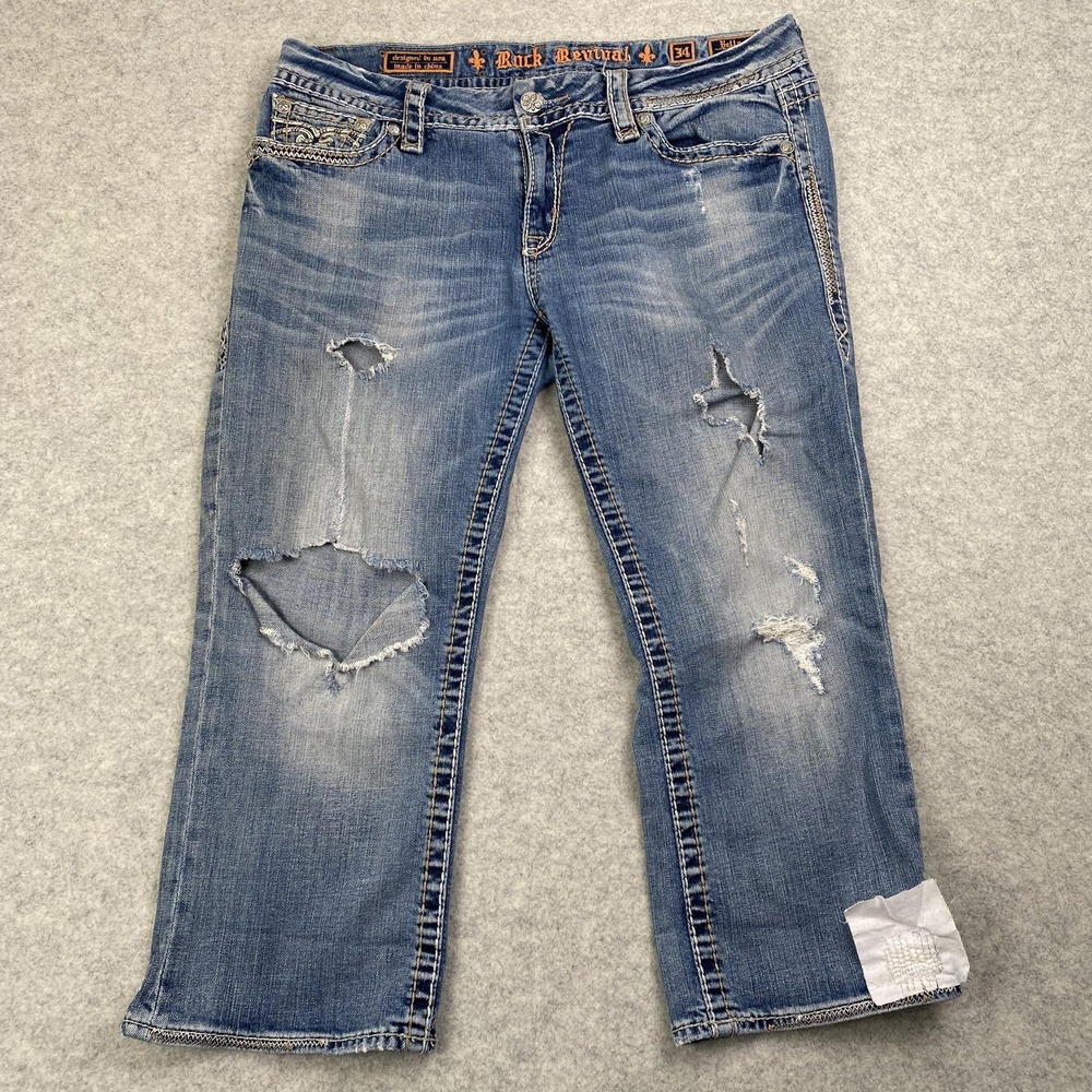 Rock Revival Jeans Womens 34 (35x22) Blue Bella Capri Distressed Embroidered